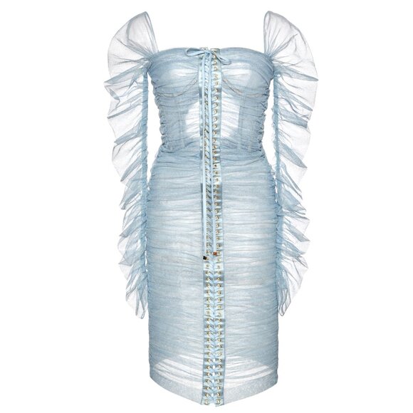 $3645 NWT Dolce & Gabbana Light Blue Tulle Sheer Lace-Up Ruched Midi Dress - Picture 9 of 13